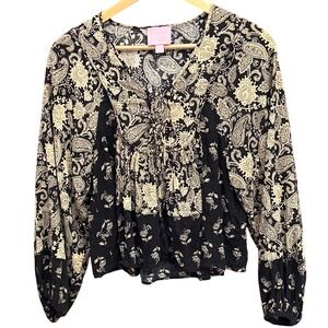 Muse Republic Clothing Black Beige Bohemian Paisley Print  Peasant Blouse Small